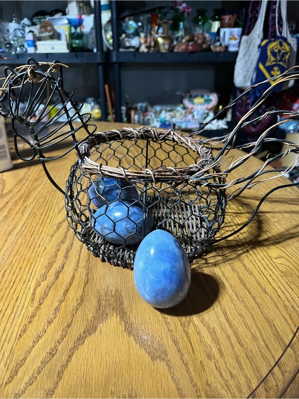 Rustic Wire Basket with Blue Decorative Stone Eggs